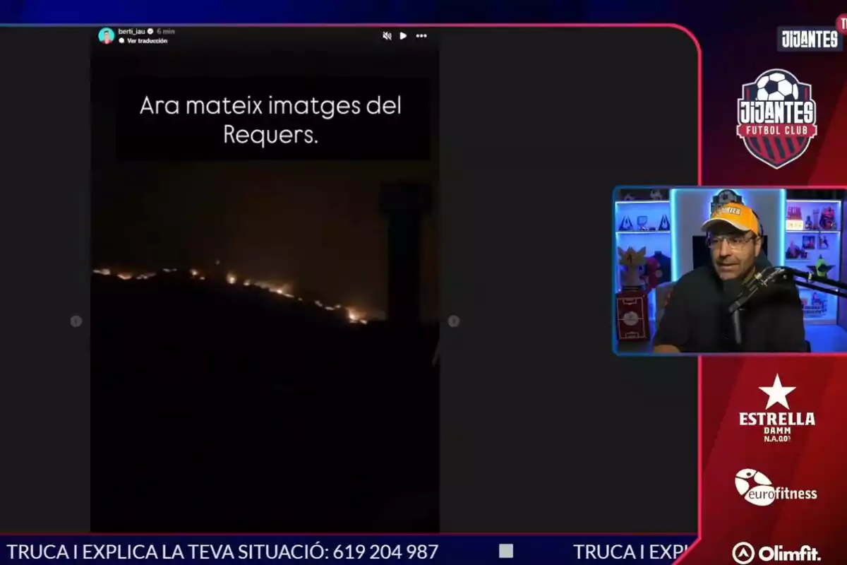 Transmisión en vivo de un programa deportivo con una imagen de un incendio en la pantalla principal y un presentador hablando en una pequeña ventana en la esquina inferior derecha Transmisión en vivo de un programa deportivo con una imagen de un incendio en la pantalla principal y un presentador hablando en una pequeña ventana en la esquina inferior derecha