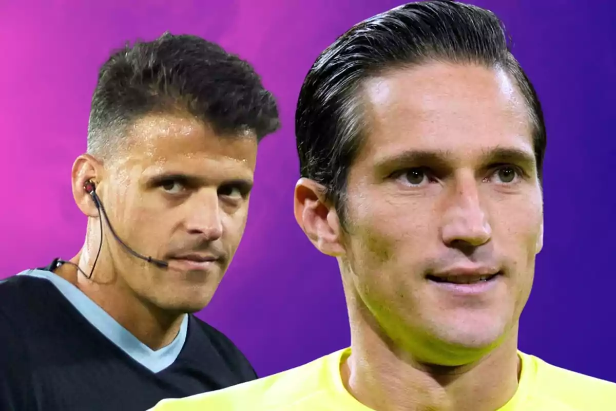Dos árbitros de fútbol con fondo morado