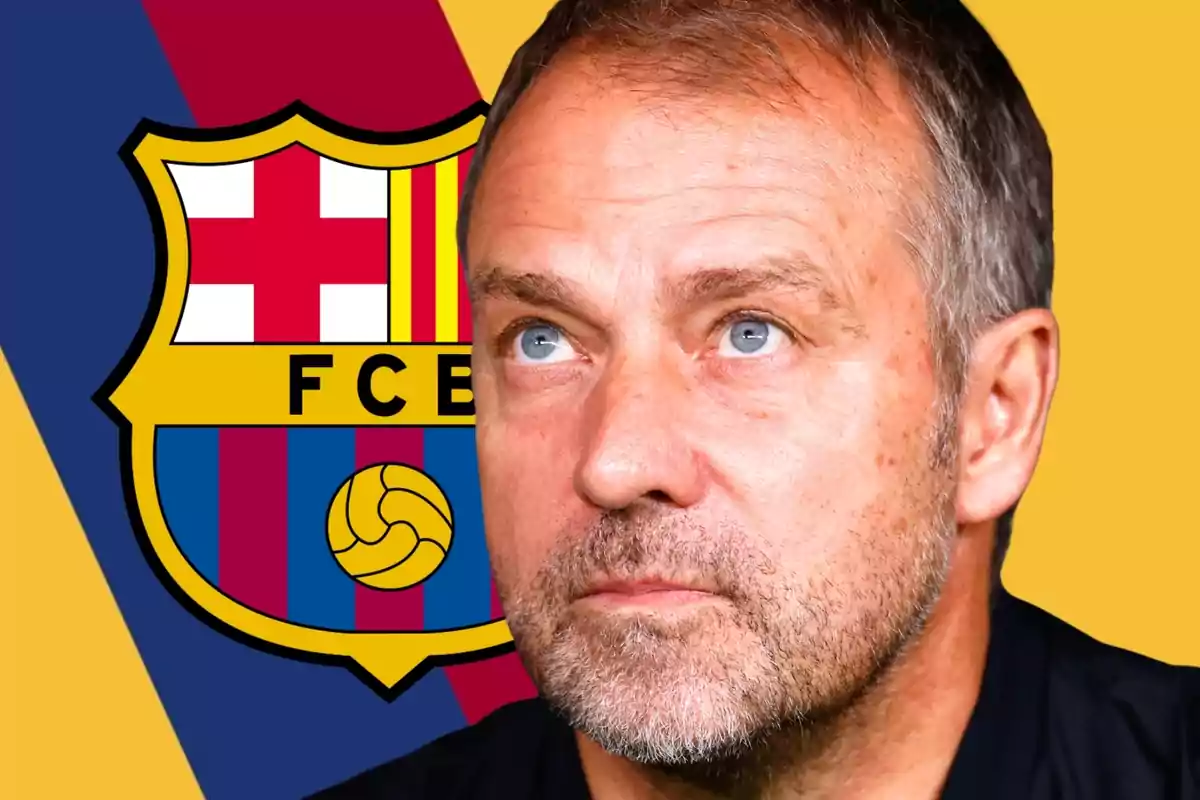 Hombre de cabello corto y barba mirando hacia arriba con el escudo del FC Barcelona de fondo
