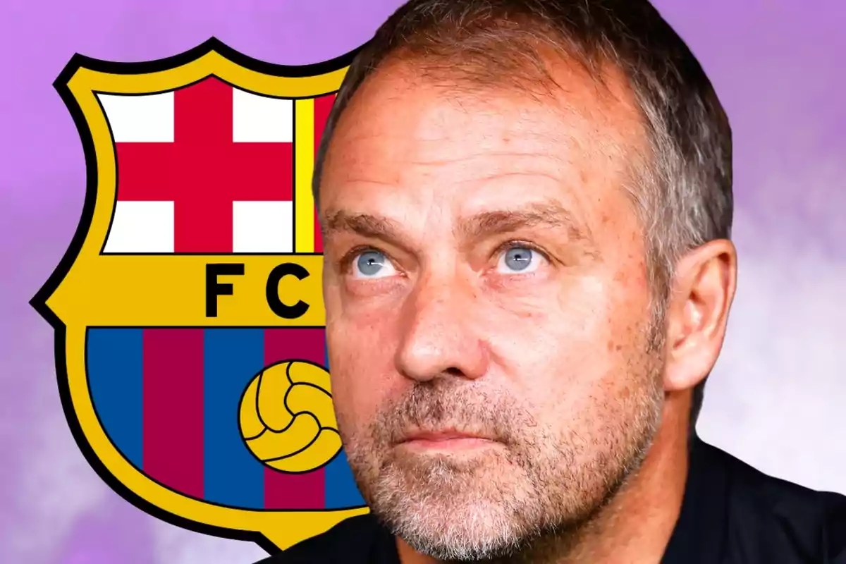 Hombre de cabello corto y barba mirando hacia arriba con el escudo del FC Barcelona de fondo sobre un fondo morado.