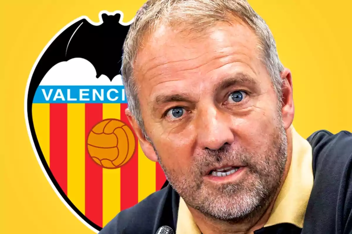 Hombre de cabello corto y barba hablando frente al escudo del Valencia CF sobre fondo amarillo
