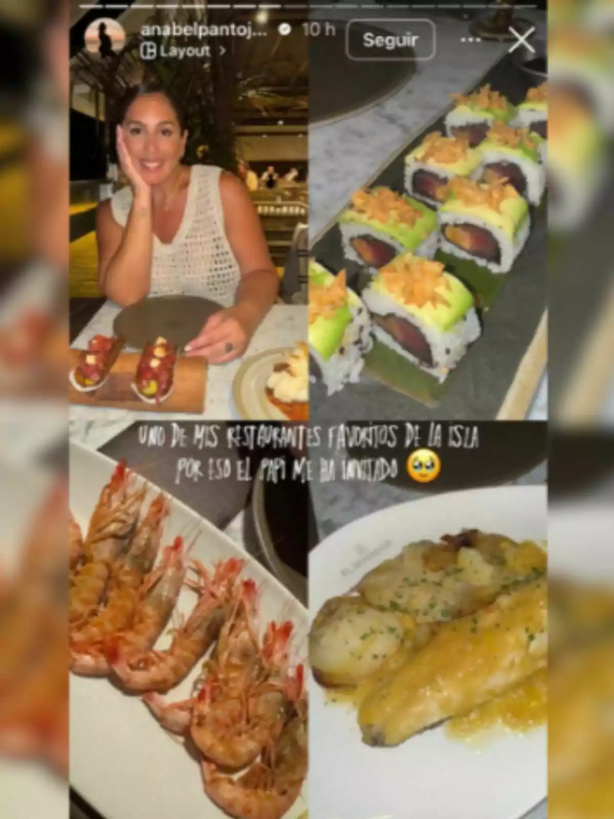 Collage de Anabel Pantoja sonriendo en un restaurante y varios platos de comida incluyendo sushi, gambas y pescado con papas. Collage de Anabel Pantoja sonriendo en un restaurante y varios platos de comida incluyendo sushi, gambas y pescado con papas.