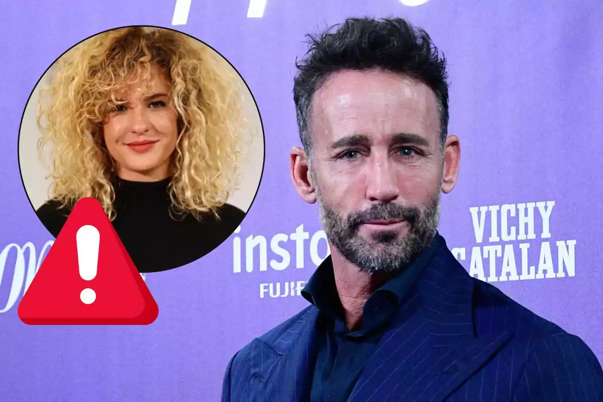 Álvaro Muñoz Escassi de barba y cabello oscuro con fondo morado y una imagen circular de Sheila Casas rubia con cabello rizado y un icono de advertencia rojo en la esquina