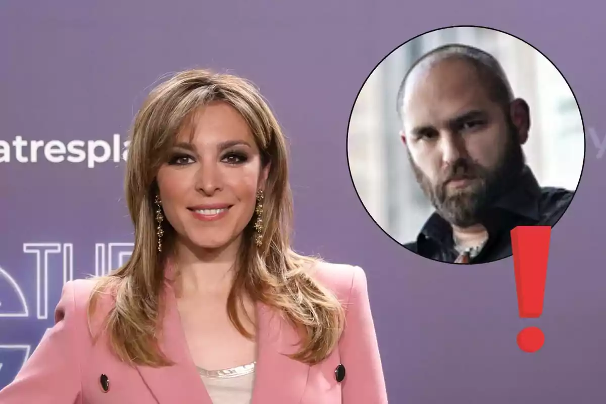 Gisela con saco rosa posando frente a un fondo morado, con un círculo que muestra el rostro de un hombre barbudo y un signo de exclamación rojo.