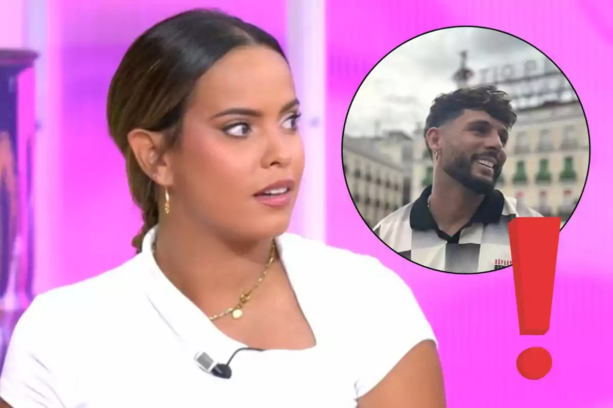 Gloria Camila con expresión de sorpresa en un set de televisión con fondo rosa y un círculo que muestra a Álvaro García sonriente junto a un signo de exclamación rojo