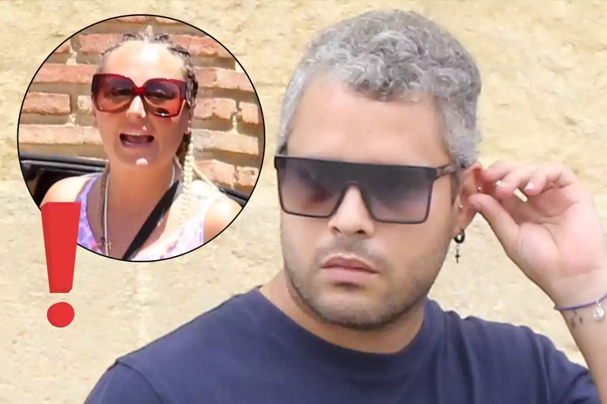 José Fernando con gafas oscuras y cabello corto y canoso en primer plano mientras en un círculo aparece Rocío Flores con trenzas y gafas grandes junto a un signo de exclamación rojo