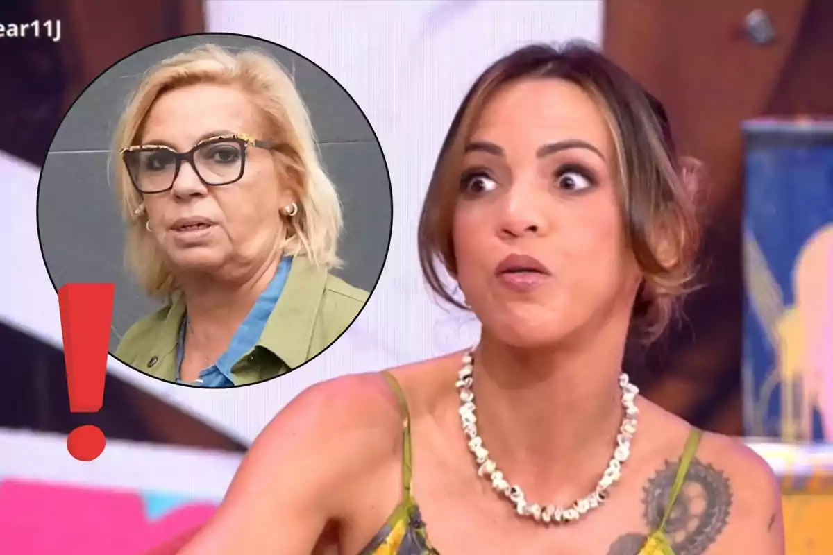 Paola Olmedo joven con expresión de sorpresa en un programa de televisión y en la esquina superior izquierda aparece un círculo con la imagen de Carmen Borrego rubia con gafas y un signo de exclamación rojo