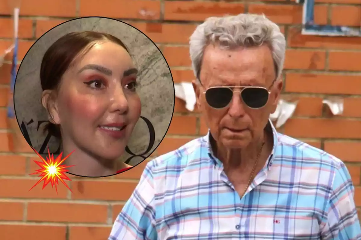 José Ortega Cano mayor con gafas de sol y camisa a cuadros caminando frente a una pared de ladrillos con un círculo que muestra el rostro de Patricia Donoso joven maquillada en la esquina izquierda de la imagen