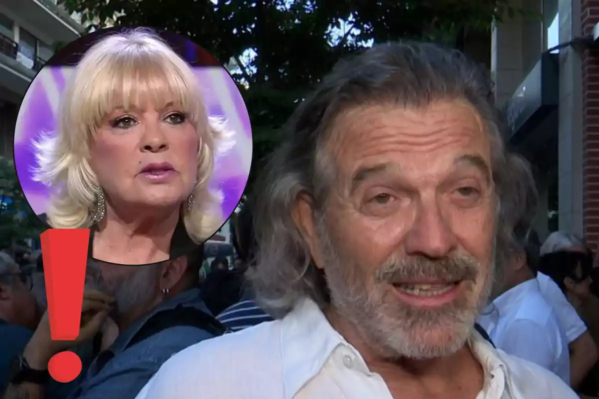 Pepe Navarro de cabello canoso y barba hablando al aire libre con una imagen circular de Bárbara Rey rubia y un signo de exclamación rojo superpuesto