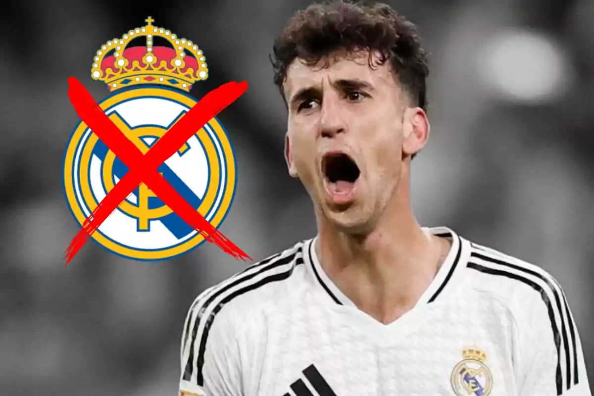 Futbolista con camiseta blanca gritando y escudo del Real Madrid tachado con una X roja a su lado
