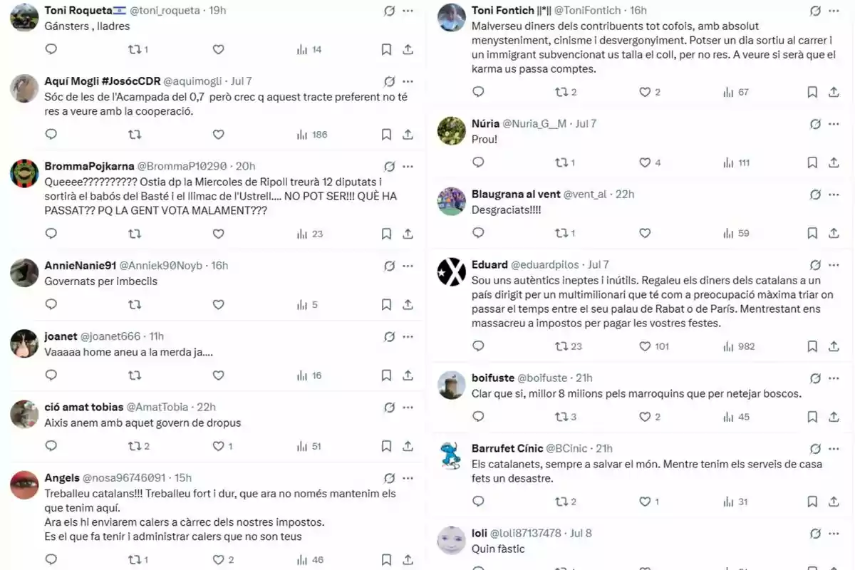 Captura de pantalla de una serie de tuits en catalán y español con opiniones críticas y comentarios negativos sobre temas políticos y sociales en Cataluña. Captura de pantalla de una serie de tuits en catalán y español con opiniones críticas y comentarios negativos sobre temas políticos y sociales en Cataluña.