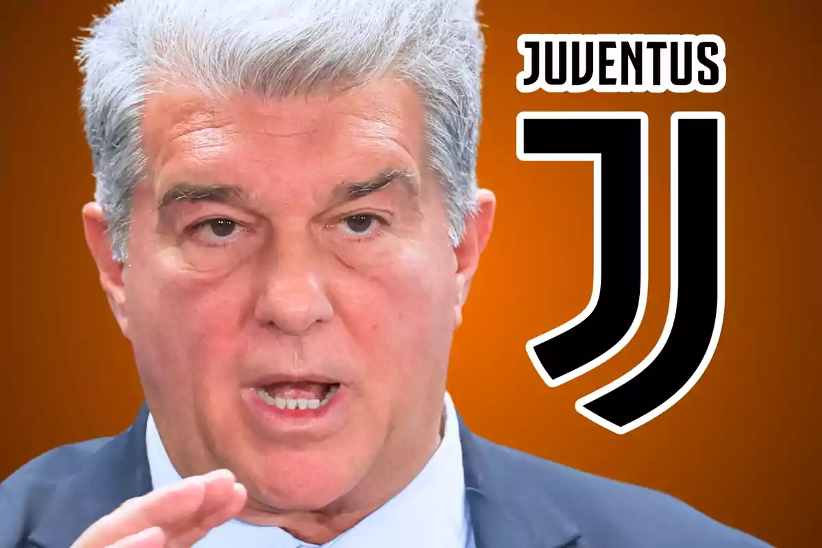 Hombre de cabello canoso en primer plano con el logo y el nombre de la Juventus sobre un fondo naranja.