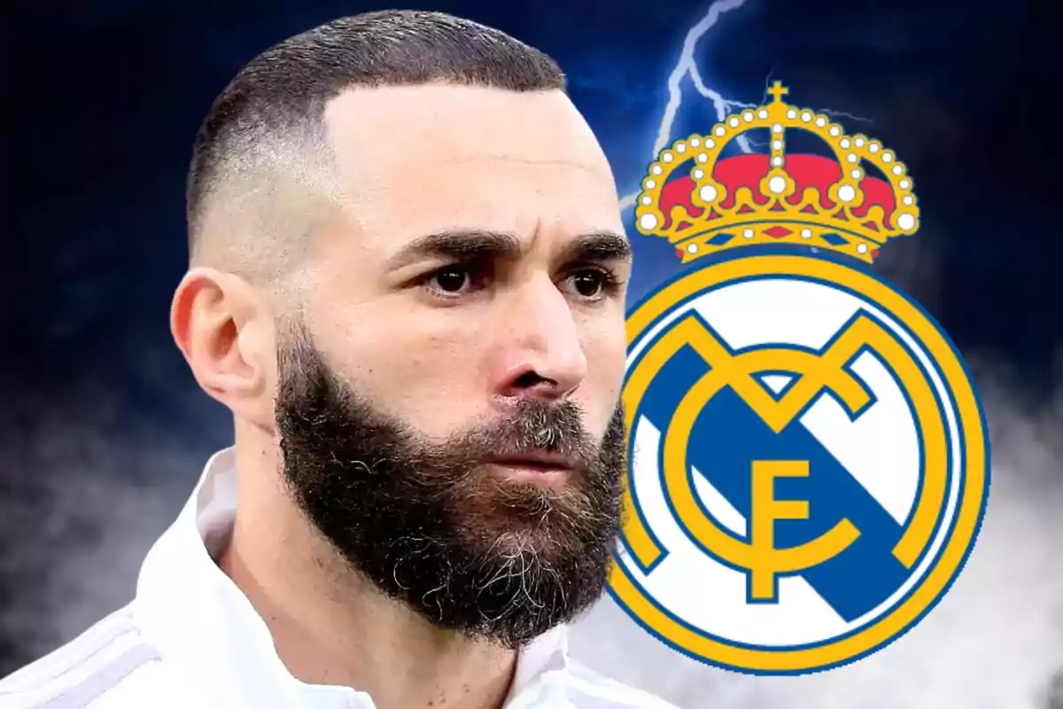 Futbolista con barba y cabello corto frente al escudo del Real Madrid con un fondo oscuro y un rayo.