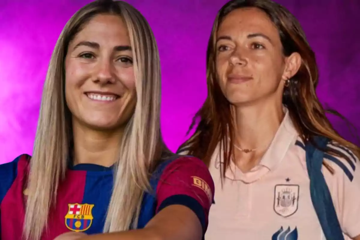 Dos mujeres posan frente a un fondo morado, una lleva el uniforme del FC Barcelona y la otra viste una camiseta clara de la selección de España