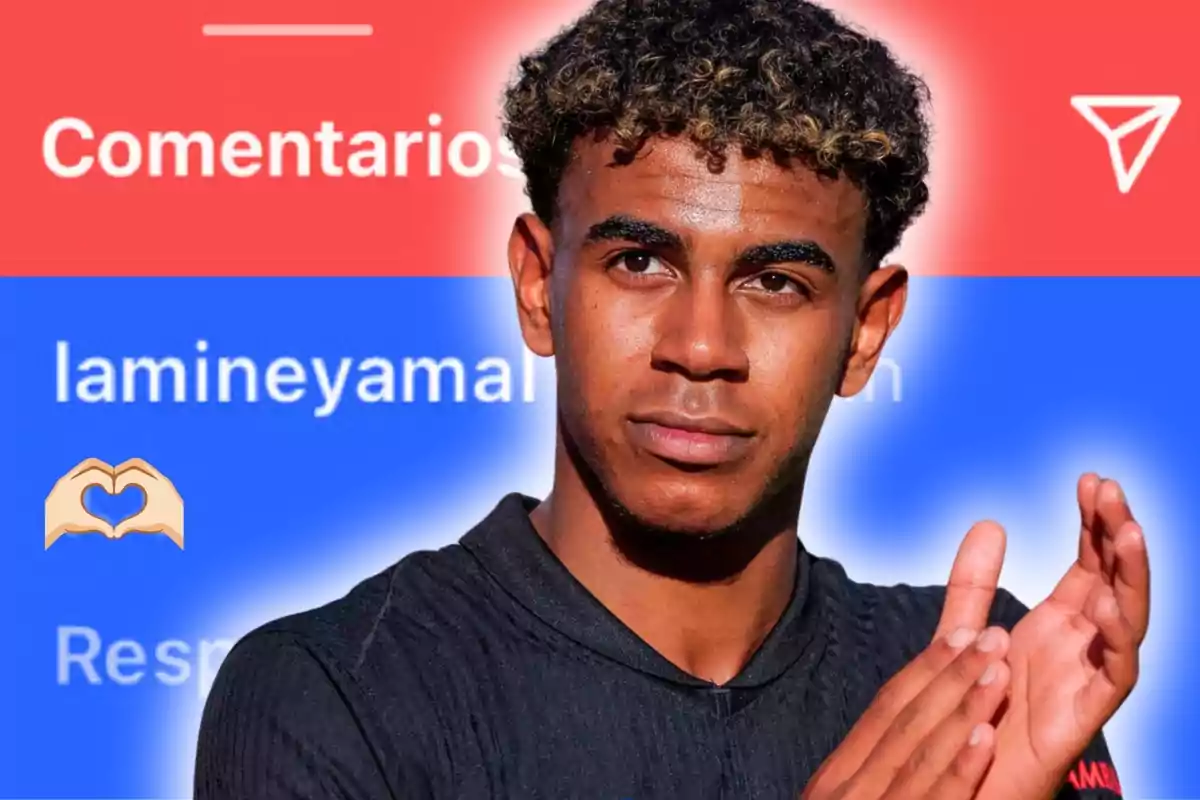 Joven aplaudiendo frente a un fondo colorido con la palabra comentarios y un emoji de manos formando un corazón