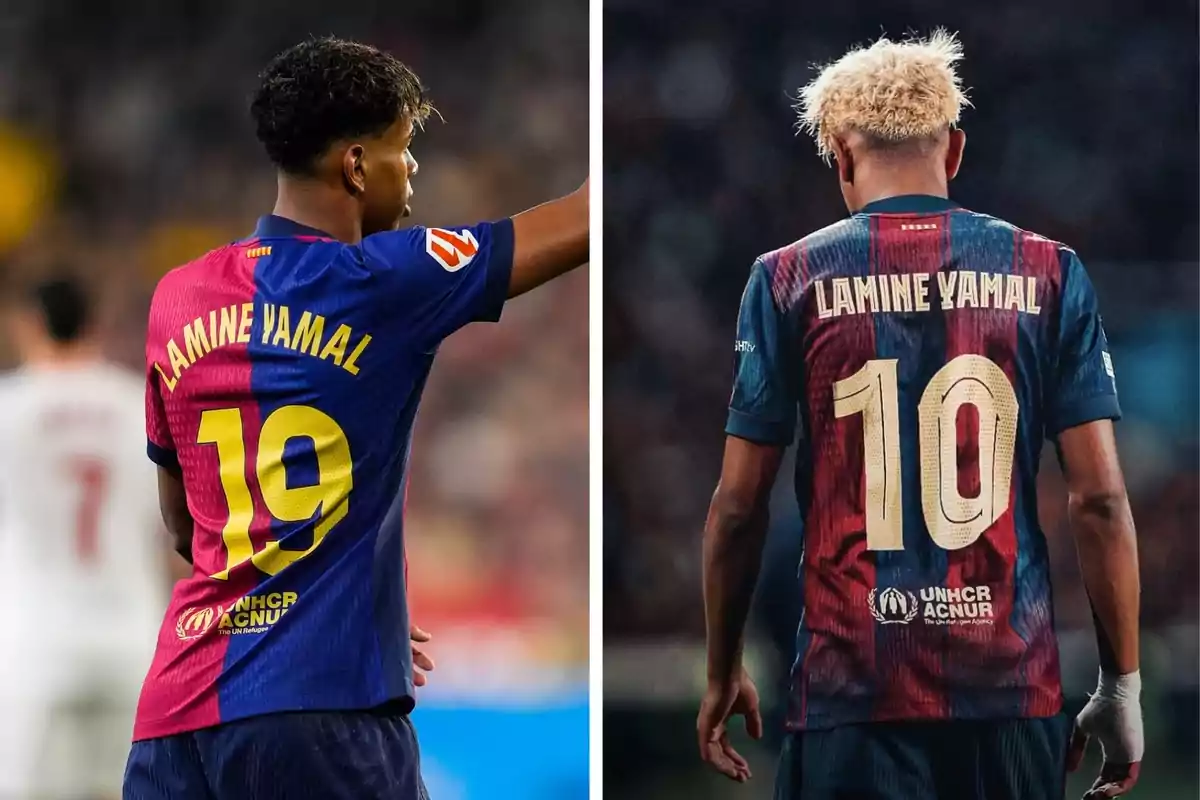 Dos imágenes muestran a un futbolista de espaldas con la camiseta del Barcelona, en la primera lleva el número 19 y en la segunda el número 10, ambas con el nombre Lamine Yamal. Dos imágenes muestran a un futbolista de espaldas con la camiseta del Barcelona, en la primera lleva el número 19 y en la segunda el número 10, ambas con el nombre Lamine Yamal.