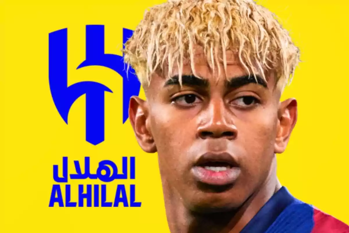 Futbolista de cabello rubio con fondo amarillo y el logo de Al Hilal en azul