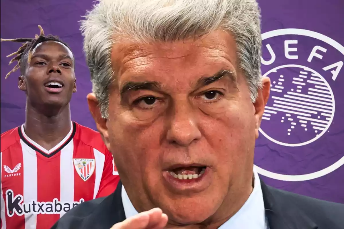 Un hombre de cabello canoso en primer plano con expresión seria y al fondo un futbolista con uniforme del Athletic Club y un logotipo de la UEFA sobre fondo morado.