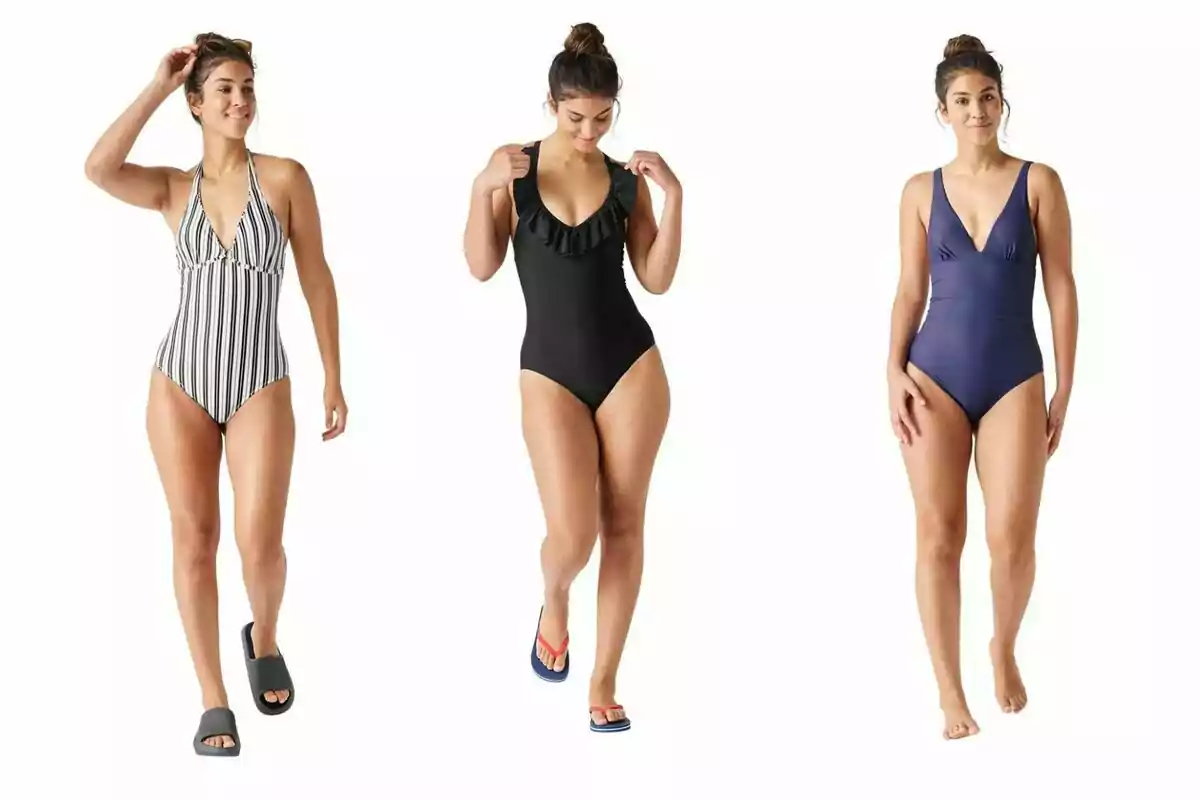 Tres mujeres modelan diferentes trajes de baño de una pieza sobre un fondo blanco Tres mujeres modelan diferentes trajes de baño de una pieza sobre un fondo blanco