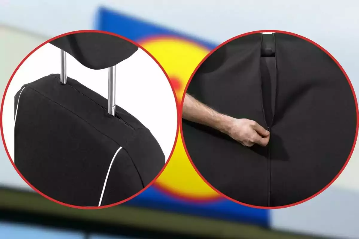 Detalle de una funda negra para asiento de coche con cierre de cremallera y costuras visibles, sobre un fondo desenfocado de colores azul, amarillo y rojo Detalle de una funda negra para asiento de coche con cierre de cremallera y costuras visibles, sobre un fondo desenfocado de colores azul, amarillo y rojo