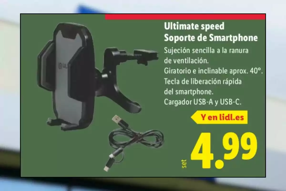Soporte de smartphone Ultimate Speed para ranura de ventilación con cargador USB-A y USB-C, giratorio e inclinable, precio 4.99 euros Soporte de smartphone Ultimate Speed para ranura de ventilación con cargador USB-A y USB-C, giratorio e inclinable, precio 4.99 euros