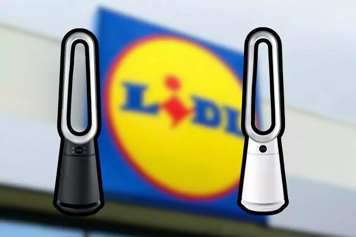 Dos ventiladores sin aspas, uno negro y otro blanco, frente a un cartel borroso de la tienda Lidl Dos ventiladores sin aspas, uno negro y otro blanco, frente a un cartel borroso de la tienda Lidl