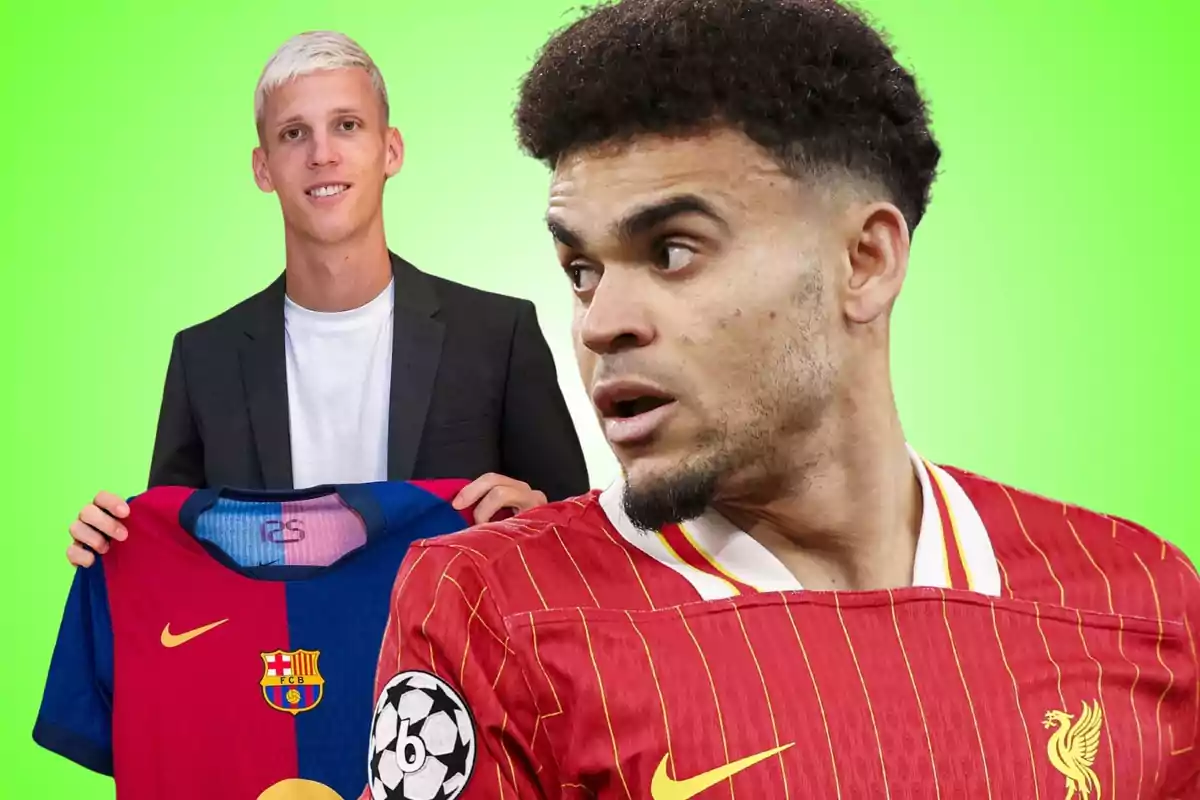 Un futbolista con camiseta del Liverpool en primer plano y otro jugador al fondo sosteniendo una camiseta del Barcelona sobre un fondo verde.