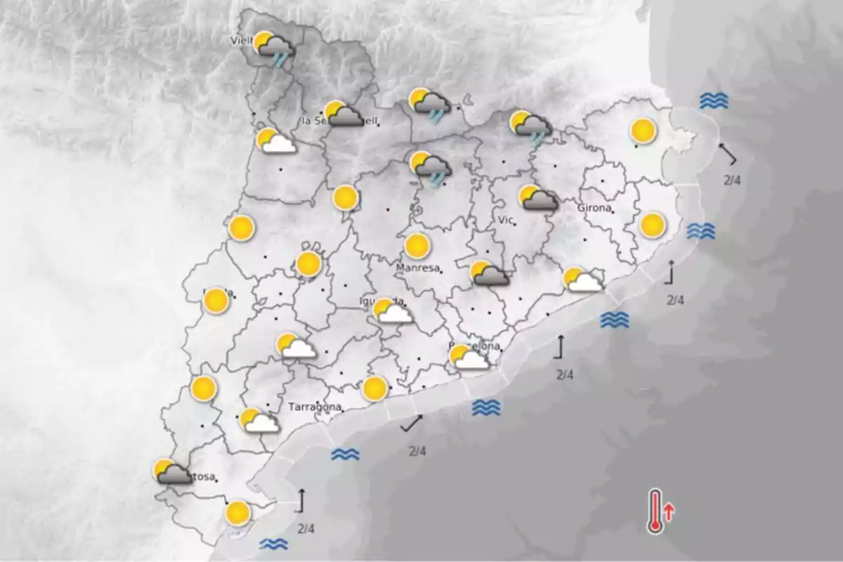 Mapa meteorológico de Cataluña con iconos que indican sol, nubes y lluvias en diferentes zonas, además de símbolos de oleaje en la costa y un termómetro señalando aumento de temperatura Mapa meteorológico de Cataluña con iconos que indican sol, nubes y lluvias en diferentes zonas, además de símbolos de oleaje en la costa y un termómetro señalando aumento de temperatura