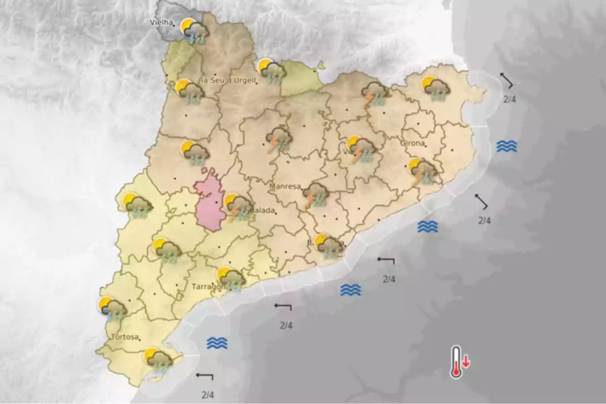 Mapa meteorológico de Cataluña con iconos de nubes, lluvia y tormentas en varias zonas, indicando precipitaciones y cielos parcialmente nublados, además de símbolos de oleaje y descenso de temperatura en la costa. Mapa meteorológico de Cataluña con iconos de nubes, lluvia y tormentas en varias zonas, indicando precipitaciones y cielos parcialmente nublados, además de símbolos de oleaje y descenso de temperatura en la costa.