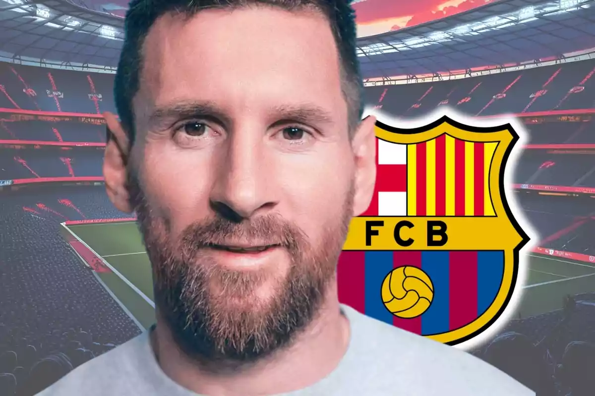 Un hombre con barba aparece en primer plano dentro de un estadio de fútbol con el escudo del FC Barcelona al fondo.