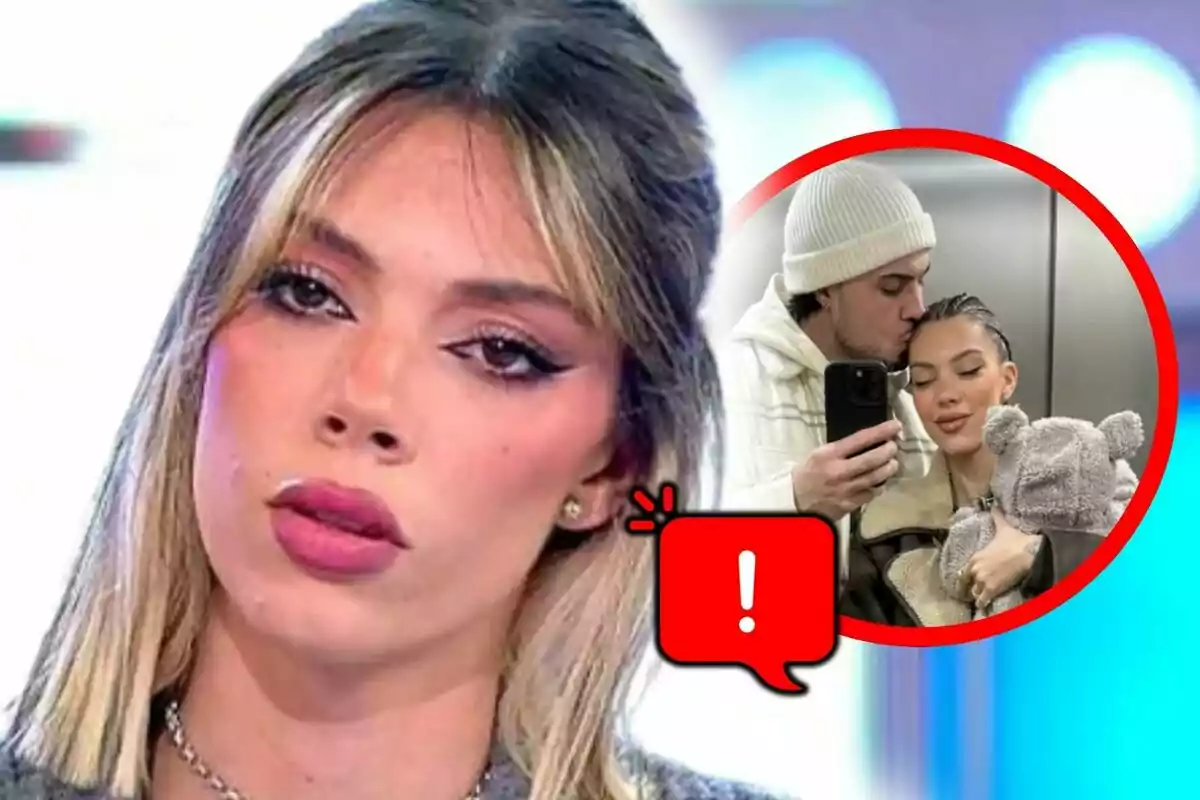Alejandra Rubio con expresión seria en primer plano y en la esquina superior derecha un recuadro muestra a una pareja tomándose una selfie, acompañados de un bebé, con un ícono de advertencia rojo sobrepuesto.