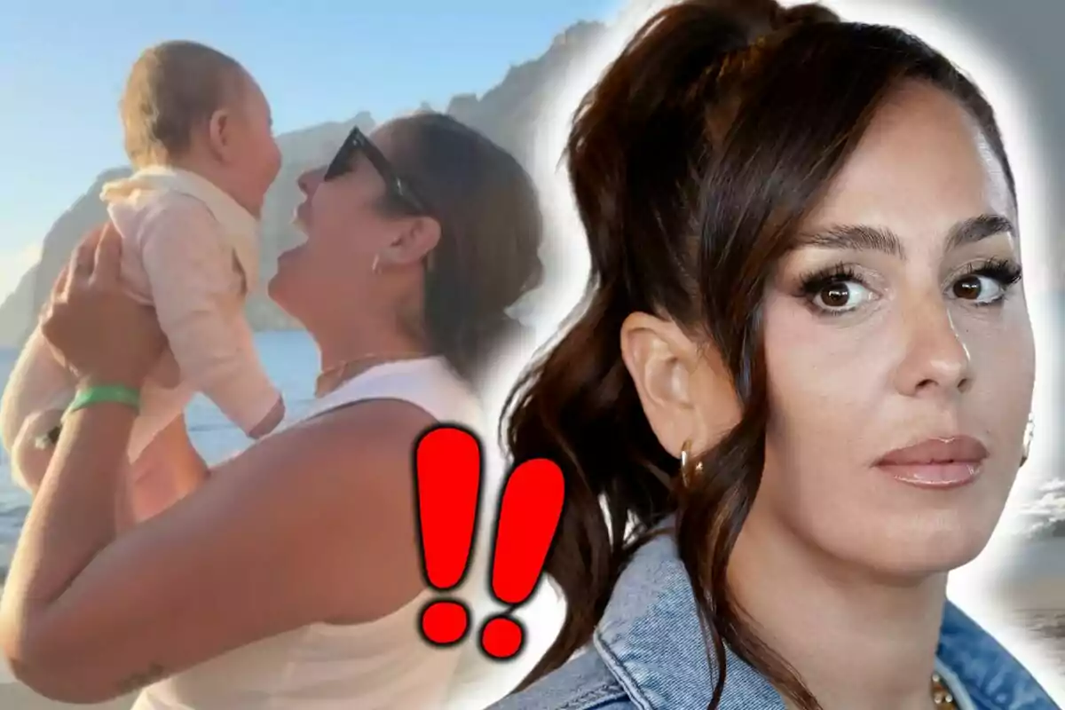 Anabel Pantoja sostiene a un bebé en la playa, que es su hija Alma, mientras otra imagen de ella aparece en primer plano con expresión seria y dos signos de exclamación rojos resaltan en el centro de la imagen.