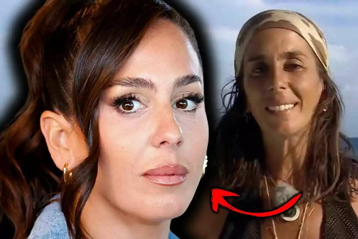 Primer plano de Anabel Pantoja con expresión seria junto a otra imagen de ella sonriente al aire libre en 'Supervivientes' con una flecha roja señalando hacia ella.