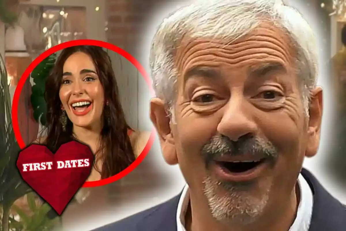 Carlos Sobera aparece sonriente en primer plano y una mujer joven riendo dentro de un círculo rojo, que es María, una concursante del programa, con un corazón que dice 'First Dates'.