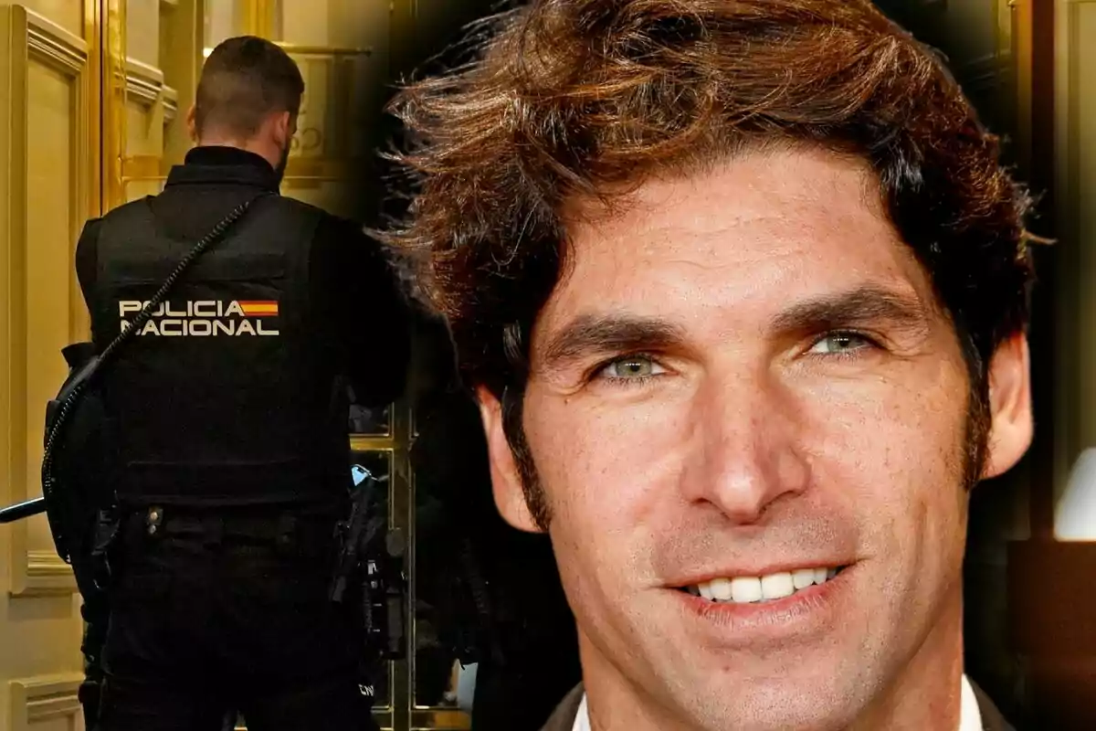 Un agente de la policía nacional de espaldas y, en primer plano, el rostro de Cayetano Rivera sonriente.