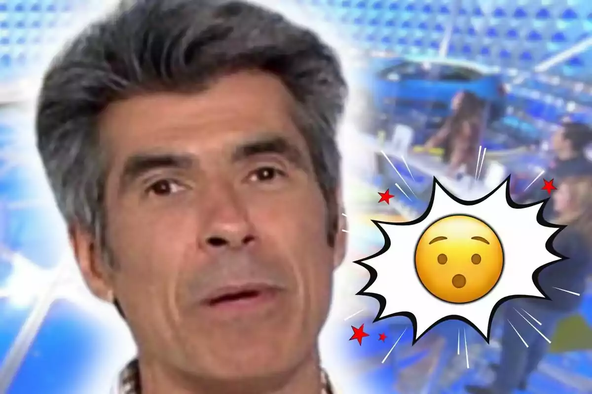Primer plano de Jorge Fernández con expresión seria y un emoji de sorpresa sobre un fondo borroso de colores azules.