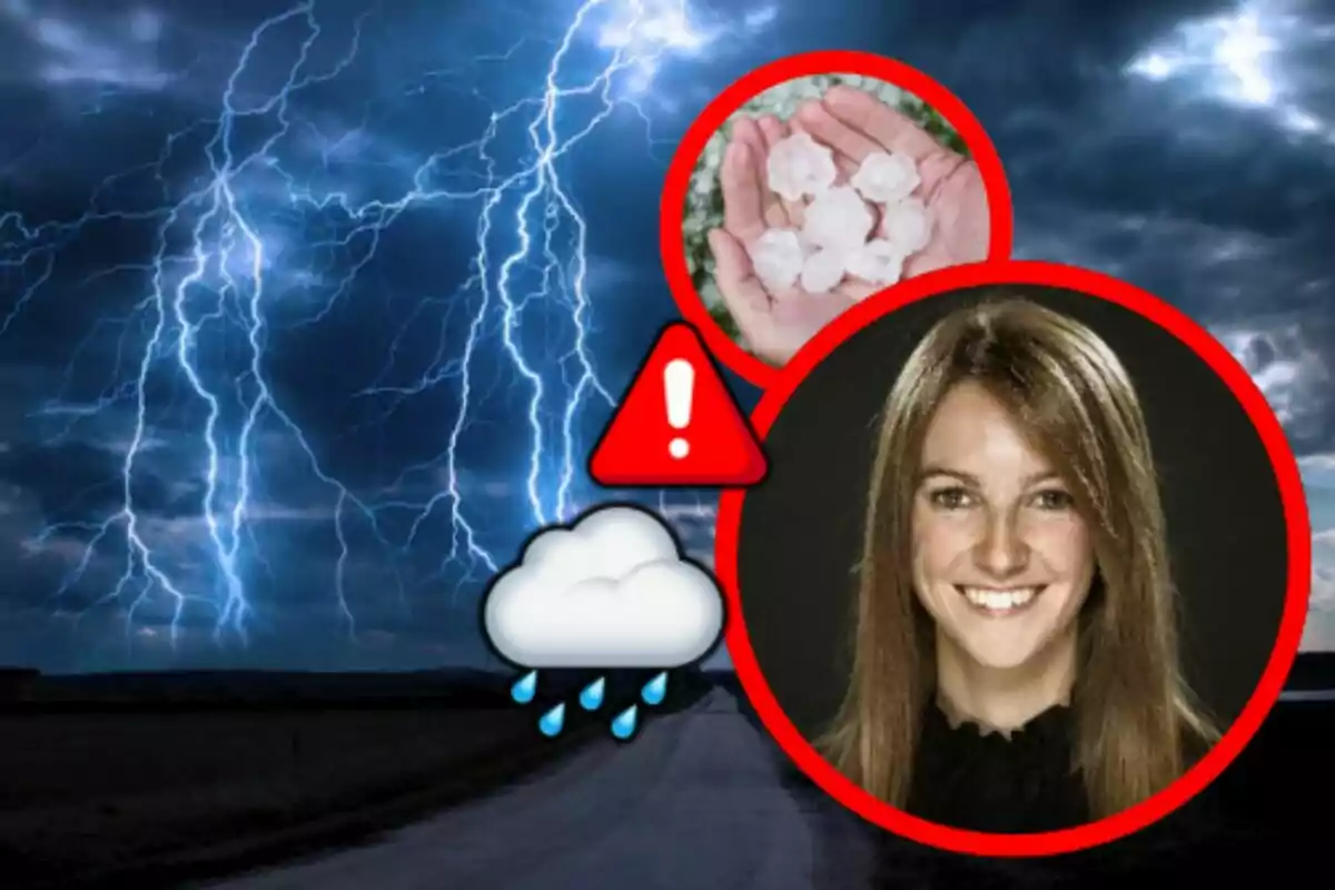 Tormenta eléctrica con relámpagos al fondo, advertencia de clima severo con iconos de nube de lluvia, granizo en una mano y Mònica Usart sonriente enmarcada en un círculo rojo.