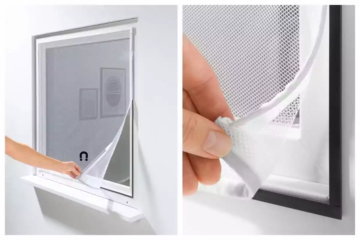 Persona retirando una malla mosquitera blanca magnética de una ventana y detalle de la malla sujetada con los dedos, un producto que es de Lidl. Persona retirando una malla mosquitera blanca magnética de una ventana y detalle de la malla sujetada con los dedos, un producto que es de Lidl.