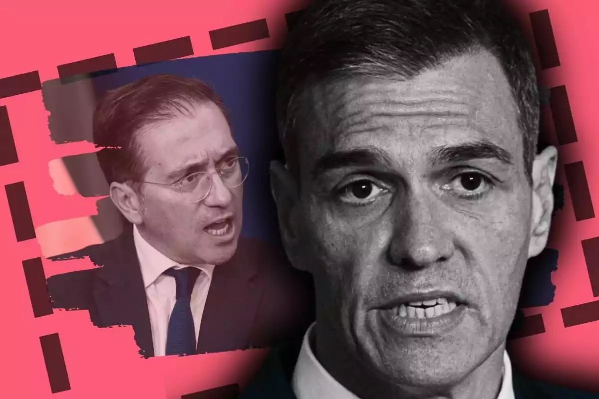 Montaje de fotos de Pedro Sánchez y José Manuel Albares con expresión seria sobre un fondo rosa con detalles gráficos oscuros.