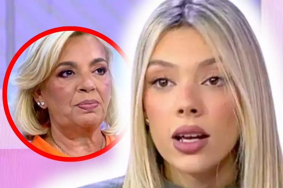 Montaje de fotos de primer plano de Alejandra Rubio y Carmen Borrego, ambas con rostro serio en un plató de Mediaset.