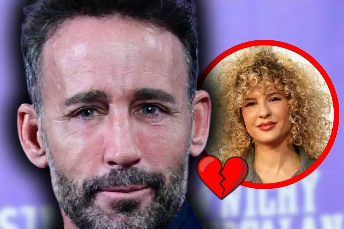 Primer plano de Álvaro Muñoz Escassi con expresión seria y al fondo un círculo rojo con la imagen de Sheila Casas y un corazón roto dibujado.