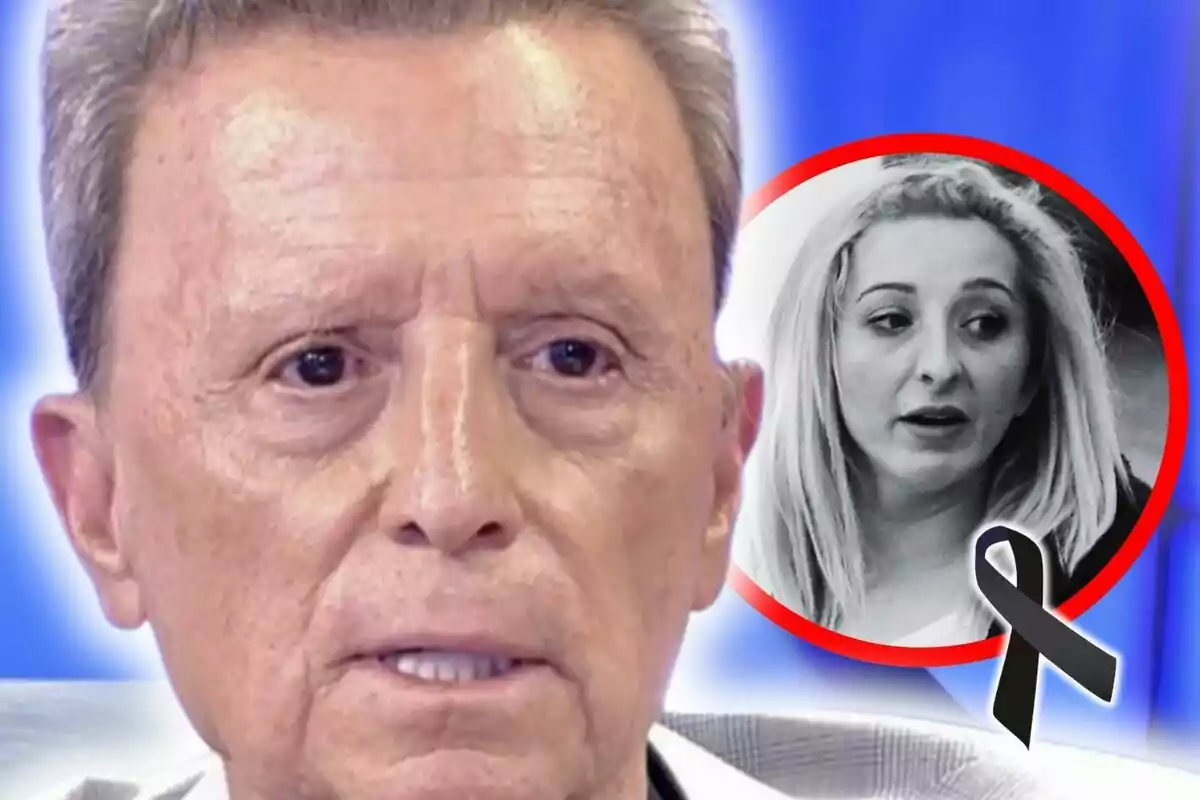 Montaje de fotos de José Ortega Cano con expresión seria en primer plano y una imagen en blanco y negro de Michu con un lazo negro en señal de luto en la esquina.