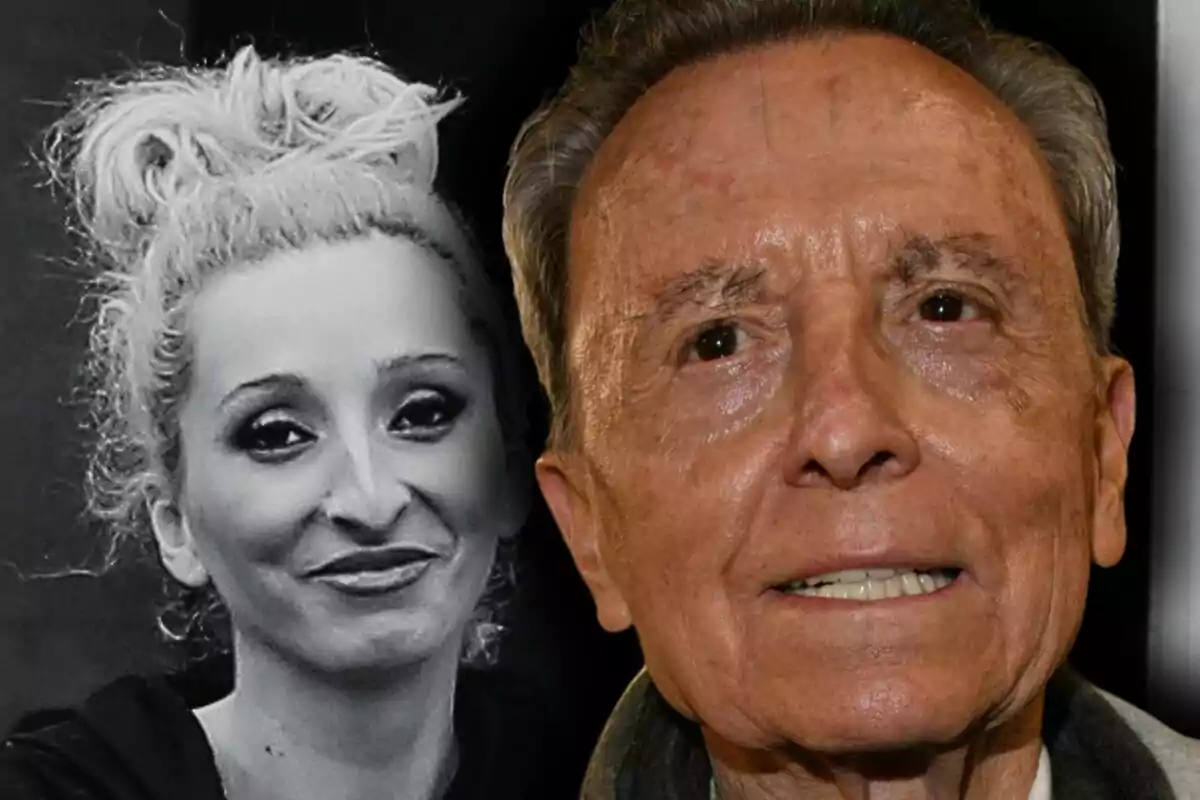 Montaje de fotos de primer plano de José Ortega Cano y Michu en blanco y negro detrás de él.