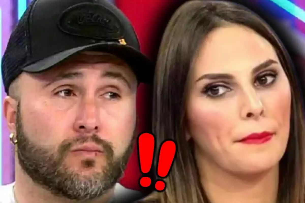 Montaje de fotos de primer plano de Kiko Rivera e Irene Rosales, ambos con rostro serio y con dos signos de exclamación rojos en el centro.