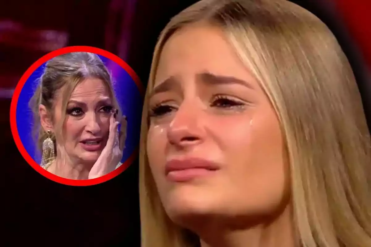 Montaje de fotos de primer plano de Laura Galera y María José Galera, ambas llorando.