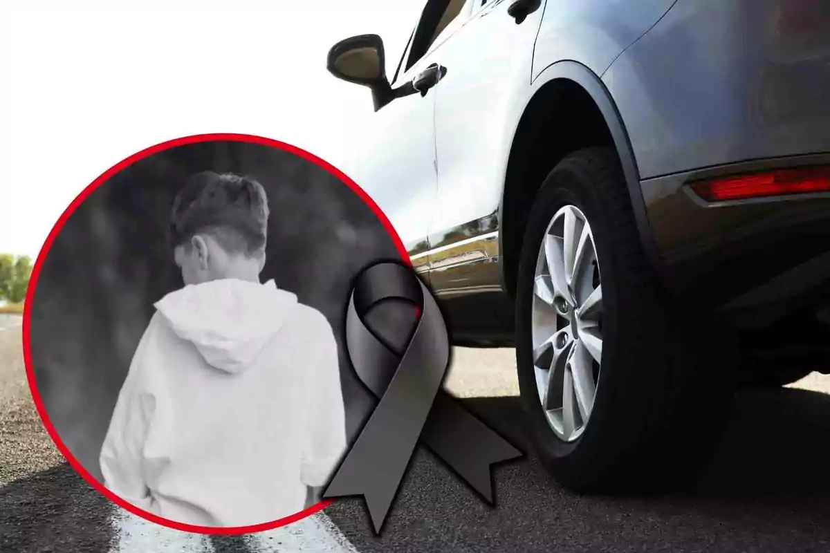 Un automóvil gris estacionado en la carretera con un círculo que muestra la imagen en blanco y negro de un niño de espaldas y un moño negro de luto superpuesto.