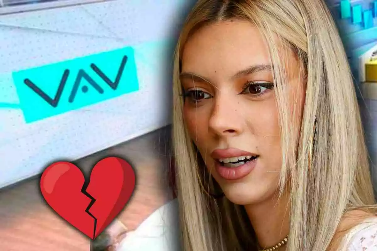 Alejandra Rubio con expresión seria al lado de un logotipo azul y un corazón roto rojo en primer plano