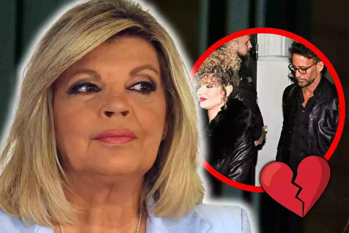 Terelu Campos con expresión seria en primer plano y al fondo un círculo rojo con Álvaro Muñoz Escassi y Sheila Casas y un corazón roto dibujado.