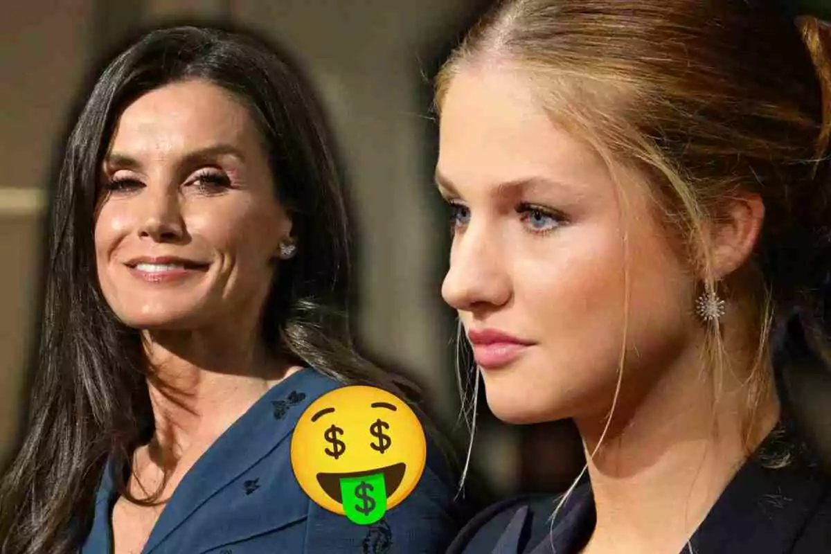 Letizia y Leonor elegantemente vestidas aparecen en primer plano, Letizia sonríe y Leonor mira seria hacia la derecha, con un emoji de cara feliz y signos de dólar sobrepuesto en la imagen.