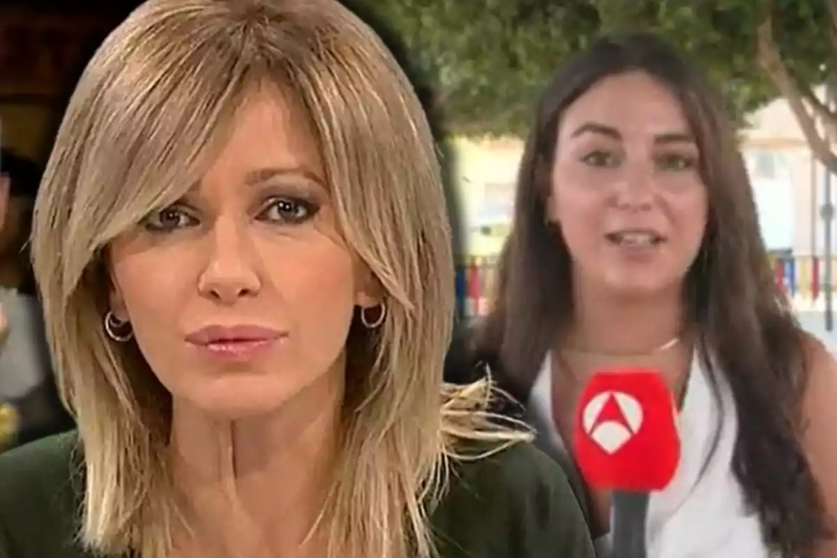 Susanna Griso y una reportera aparecen en la imagen, una en primer plano con cabello rubio y expresión seria, y otra al fondo sosteniendo un micrófono rojo con un logotipo blanco, en un entorno exterior con árboles.